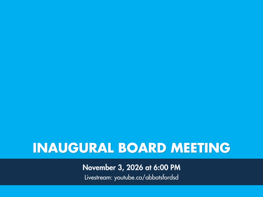 "Inaugural Board Meeting" text on a blue background with a dark blue banner across with a date and time.