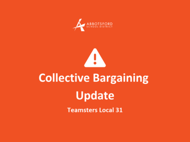 Abbotsford School District logo in small scale at the top of the image. Info icon with text underneath that reads "Collective Bargaining Update, Teamsters Local 31"