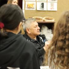 Drum Maker, Darren Charlie, provides drum making demonstration to students